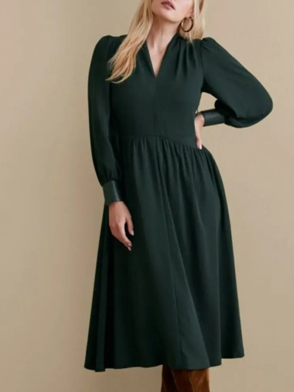 Soft Surroundings Katrina A Line Dress Women's 16 Jewel Green V Neck Midi NWT
